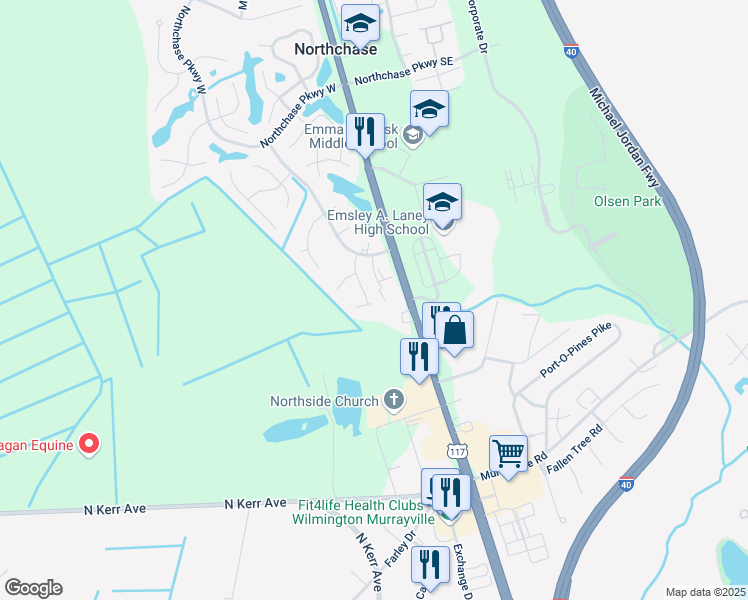 map of restaurants, bars, coffee shops, grocery stores, and more near 4300 Maidstone Drive in Wilmington