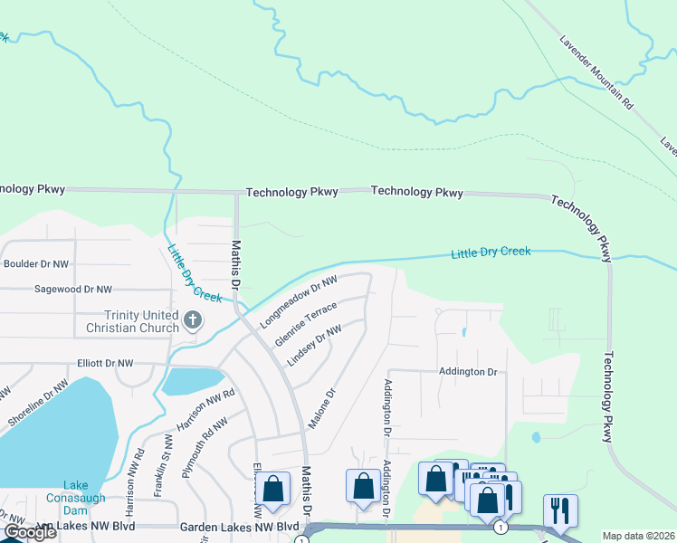 map of restaurants, bars, coffee shops, grocery stores, and more near 235 Longmeadow Drive Northwest in Rome