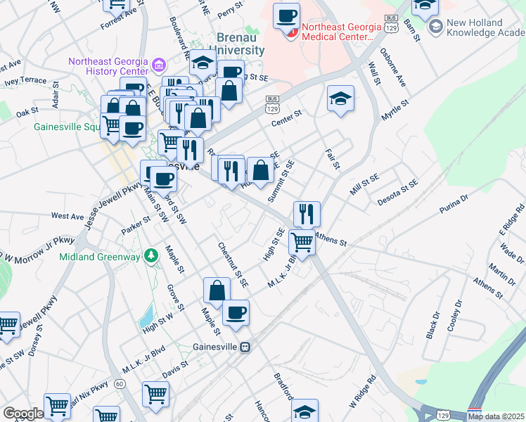 map of restaurants, bars, coffee shops, grocery stores, and more near 698 E E Butler Parkway in Gainesville