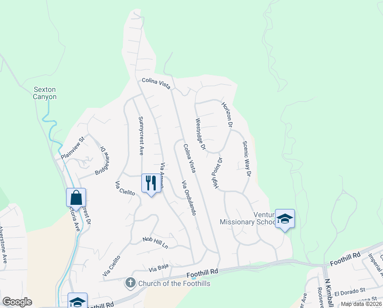 map of restaurants, bars, coffee shops, grocery stores, and more near 978 Colina Vista in Ventura
