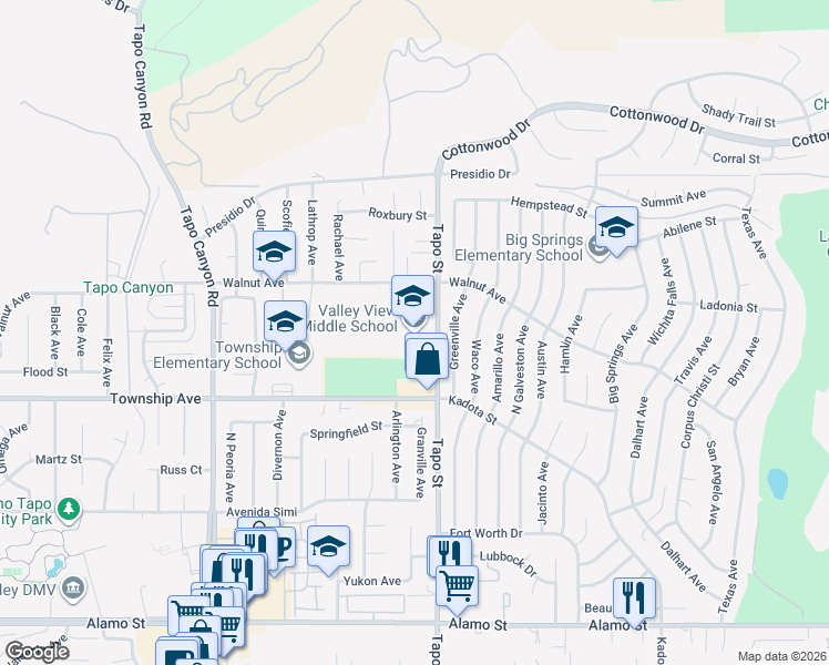map of restaurants, bars, coffee shops, grocery stores, and more near 3347 Tapo Street in Simi Valley