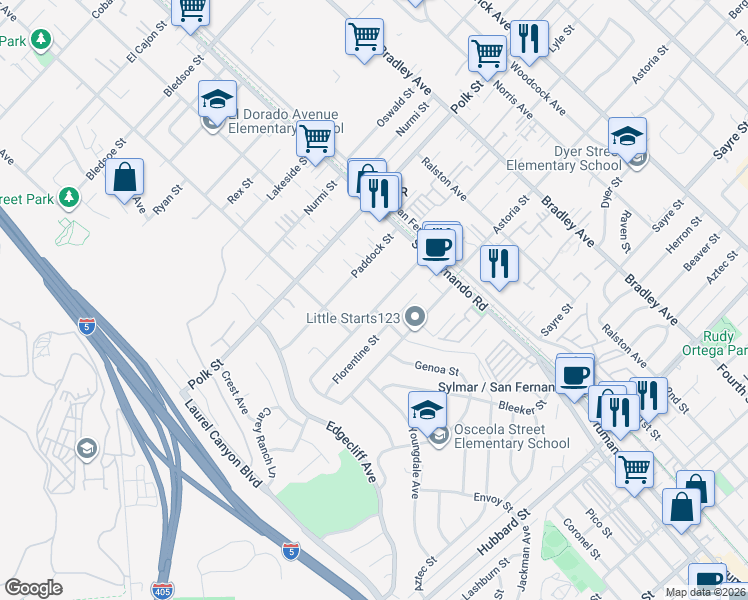 map of restaurants, bars, coffee shops, grocery stores, and more near 15043 Oro Grande Street in Los Angeles
