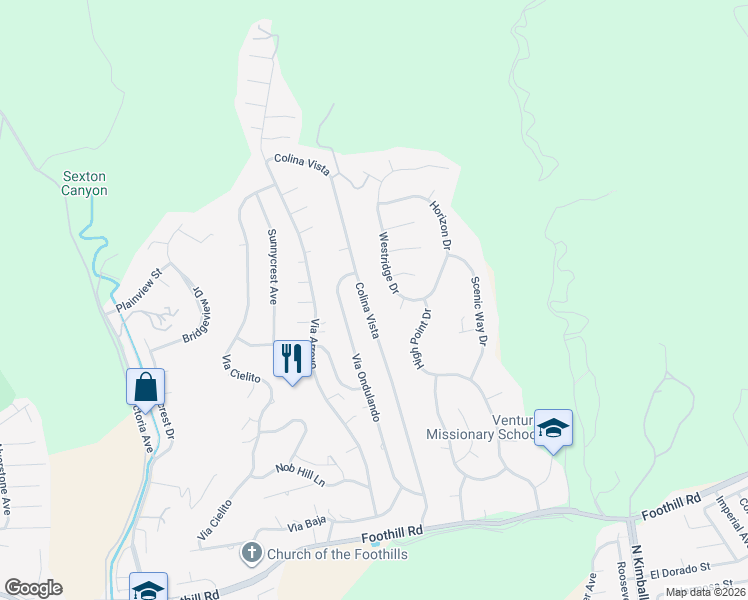 map of restaurants, bars, coffee shops, grocery stores, and more near 978 Colina Vista in Ventura