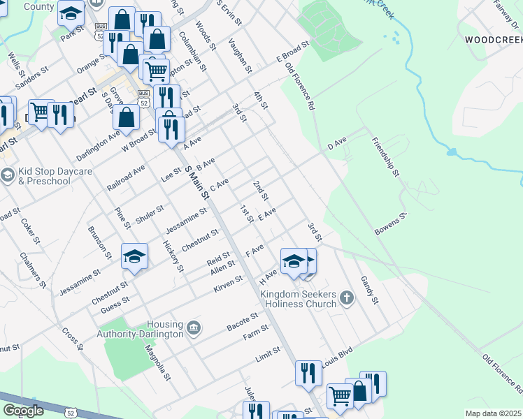 map of restaurants, bars, coffee shops, grocery stores, and more near 229 E Avenue in Darlington