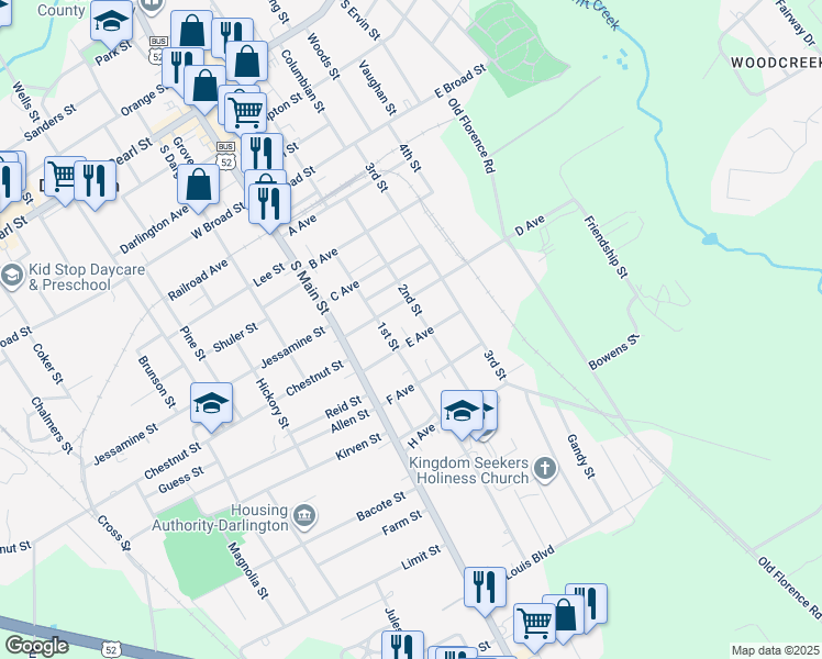 map of restaurants, bars, coffee shops, grocery stores, and more near 229 E Avenue in Darlington
