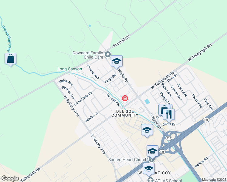 map of restaurants, bars, coffee shops, grocery stores, and more near 13 Del Norte Street in Ventura