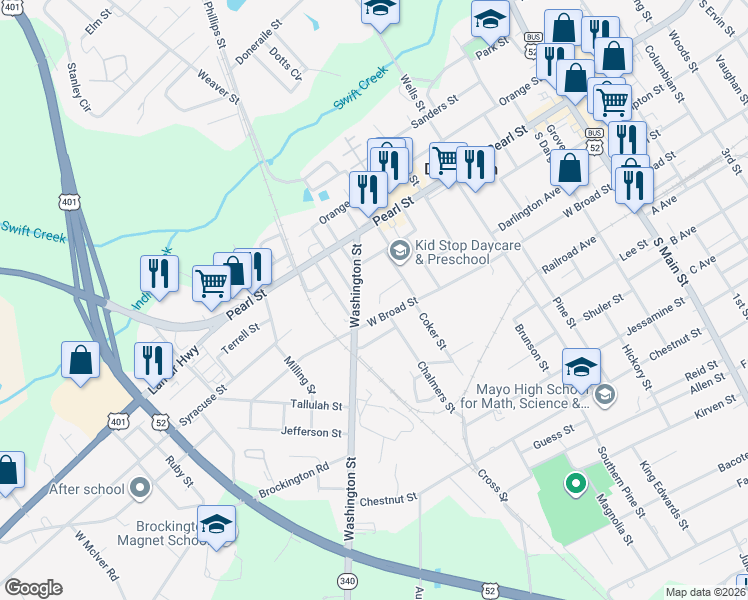 map of restaurants, bars, coffee shops, grocery stores, and more near 216 Davis Street in Darlington