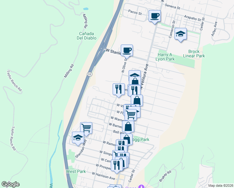 map of restaurants, bars, coffee shops, grocery stores, and more near 1349 North Olive Street in Ventura