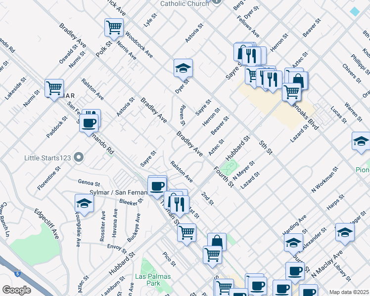 map of restaurants, bars, coffee shops, grocery stores, and more near 14434 Herron Street in Los Angeles