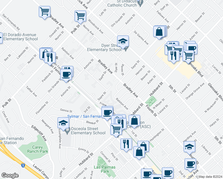 map of restaurants, bars, coffee shops, grocery stores, and more near 12384 Twilight Avenue in Los Angeles