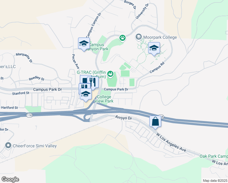 map of restaurants, bars, coffee shops, grocery stores, and more near 15427 Kernvale Avenue in Moorpark