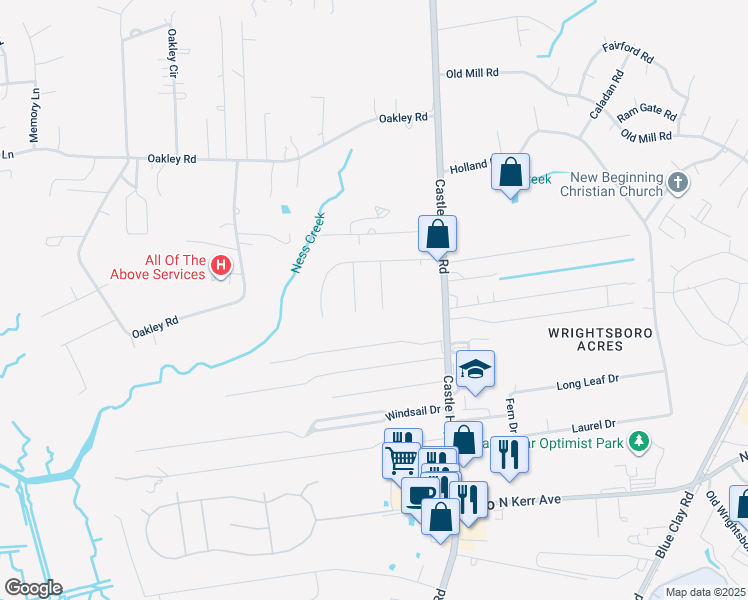 map of restaurants, bars, coffee shops, grocery stores, and more near 2809 Fletcher Court in Castle Hayne