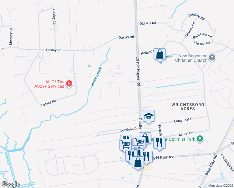 map of restaurants, bars, coffee shops, grocery stores, and more near 2809 Fletcher Court in Castle Hayne