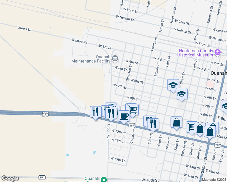 map of restaurants, bars, coffee shops, grocery stores, and more near Airport Road in Quanah