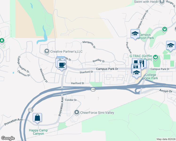 map of restaurants, bars, coffee shops, grocery stores, and more near 14785 Stanford Street in Moorpark