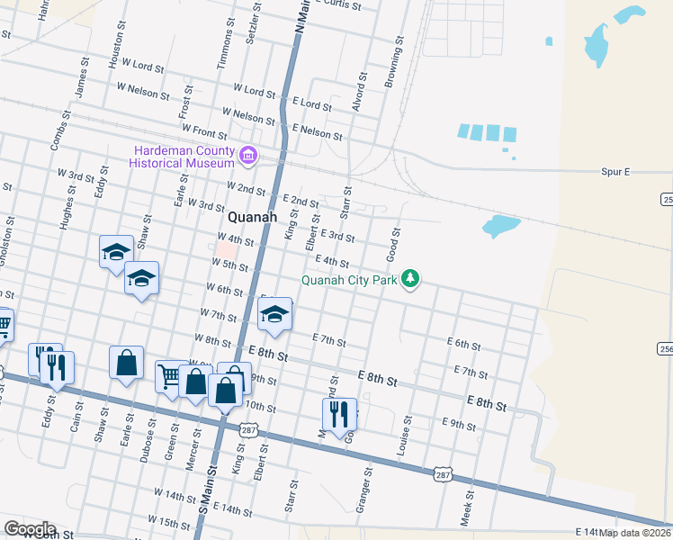 map of restaurants, bars, coffee shops, grocery stores, and more near 402 East 4th Street in Quanah