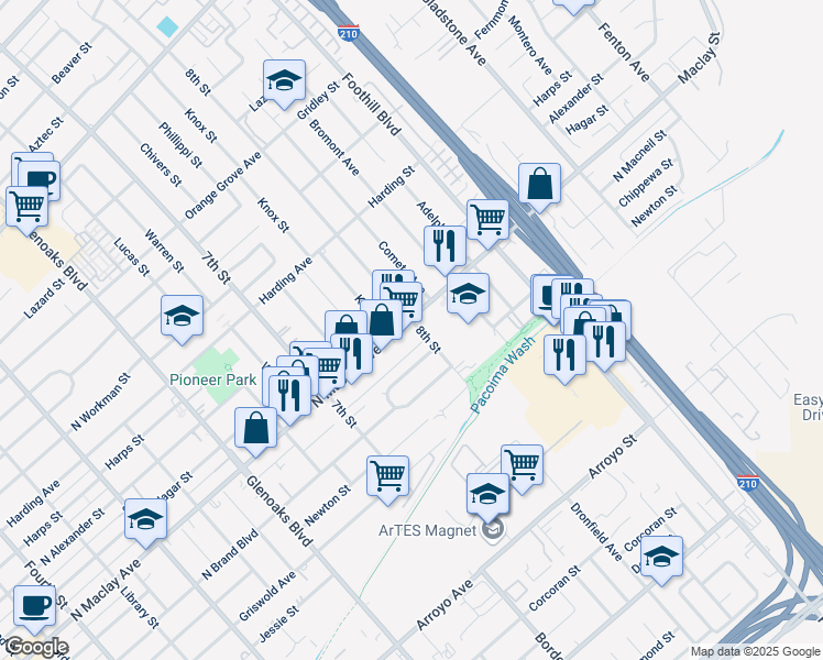 map of restaurants, bars, coffee shops, grocery stores, and more near 1200 North Maclay Avenue in San Fernando