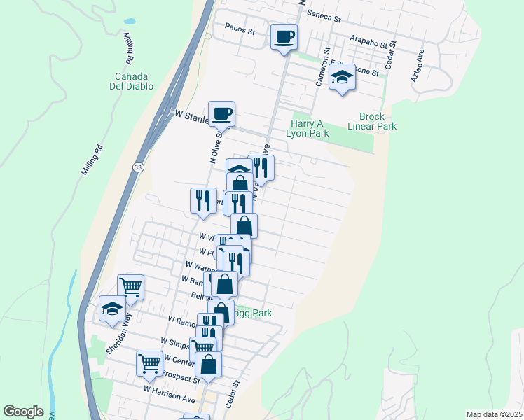 map of restaurants, bars, coffee shops, grocery stores, and more near 41 Carr Drive in Ventura