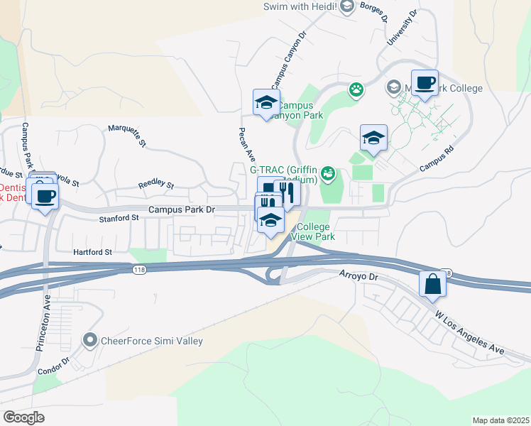 map of restaurants, bars, coffee shops, grocery stores, and more near 15296 Campus Park Drive in Moorpark