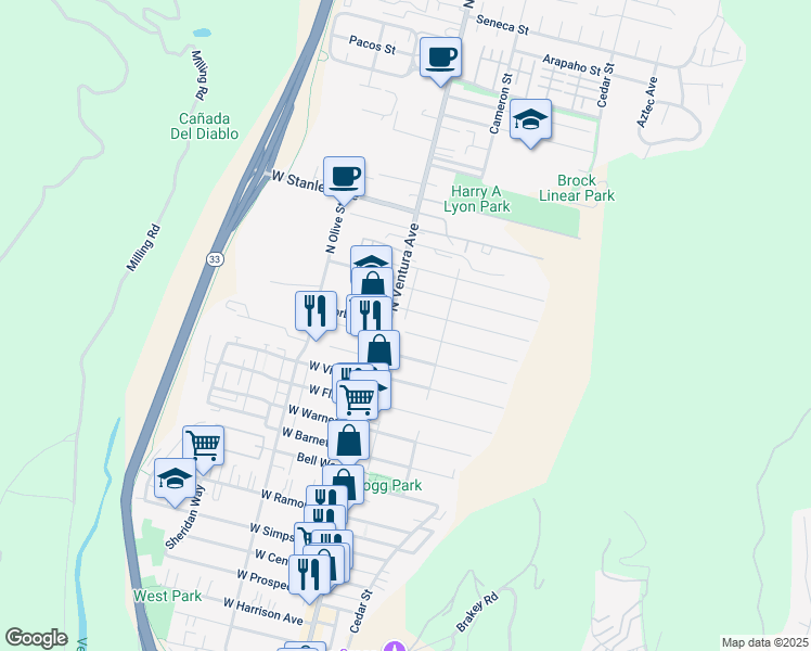 map of restaurants, bars, coffee shops, grocery stores, and more near 41 Carr Drive in Ventura
