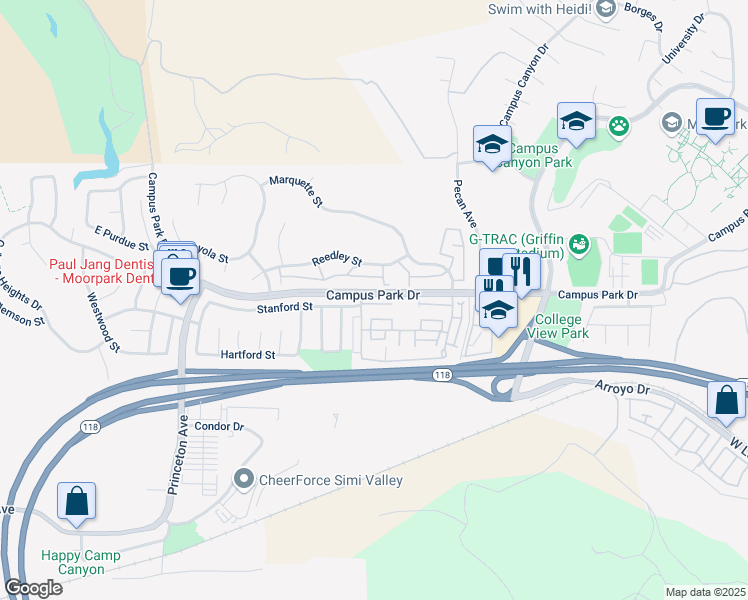 map of restaurants, bars, coffee shops, grocery stores, and more near 15008 Campus Park Drive in Moorpark