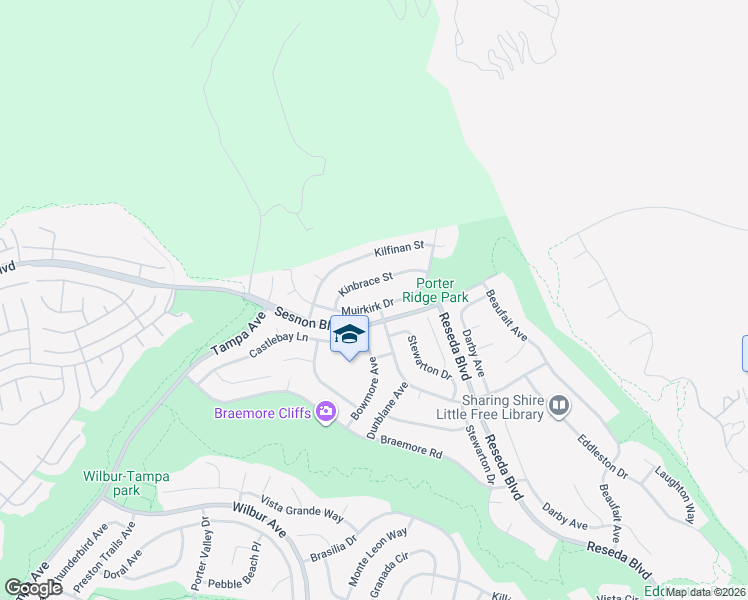 map of restaurants, bars, coffee shops, grocery stores, and more near 18935 Muirkirk Drive in Los Angeles