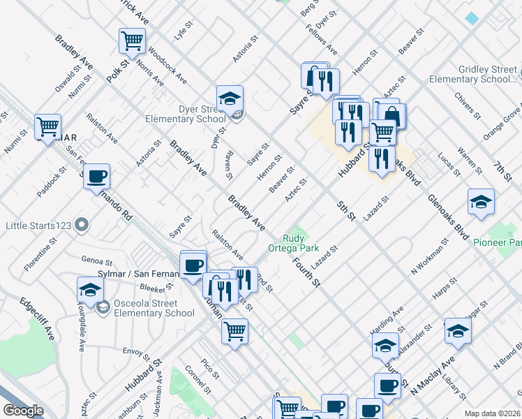map of restaurants, bars, coffee shops, grocery stores, and more near 14360 Beaver Street in Los Angeles