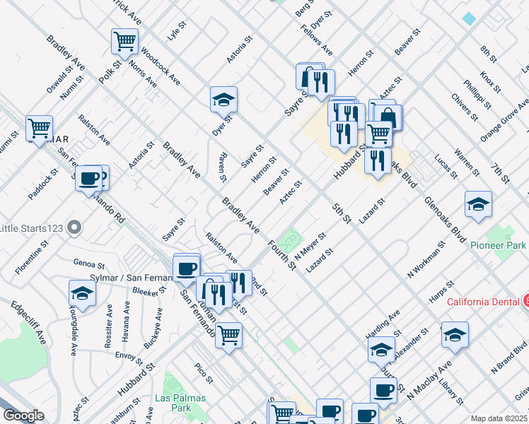 map of restaurants, bars, coffee shops, grocery stores, and more near 14335 Aztec Street in Los Angeles