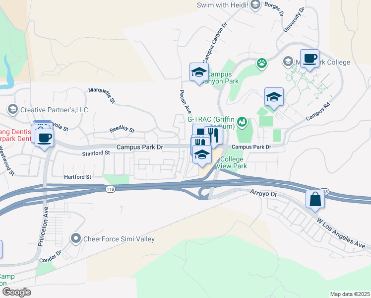 map of restaurants, bars, coffee shops, grocery stores, and more near 15194D Campus Park Drive in Moorpark