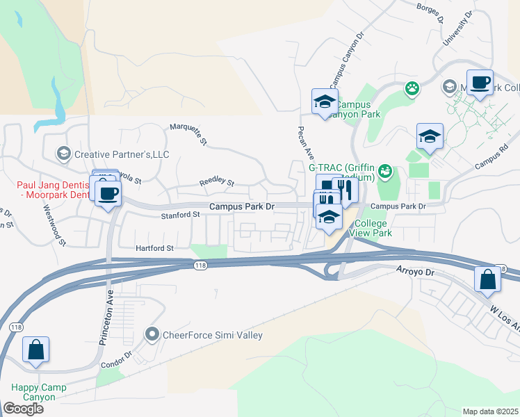 map of restaurants, bars, coffee shops, grocery stores, and more near 15078 Campus Park Drive in Moorpark