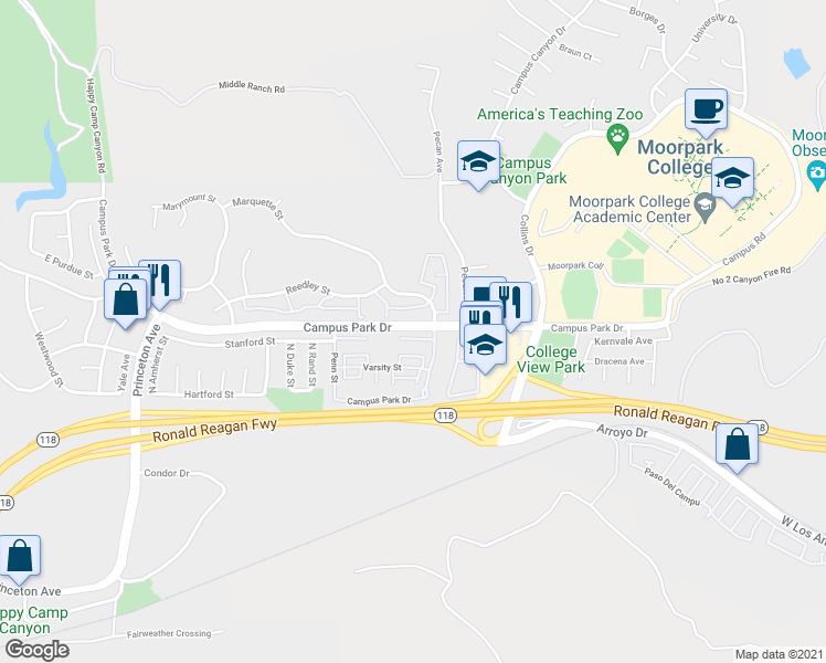map of restaurants, bars, coffee shops, grocery stores, and more near 15138E Campus Park Drive in Moorpark