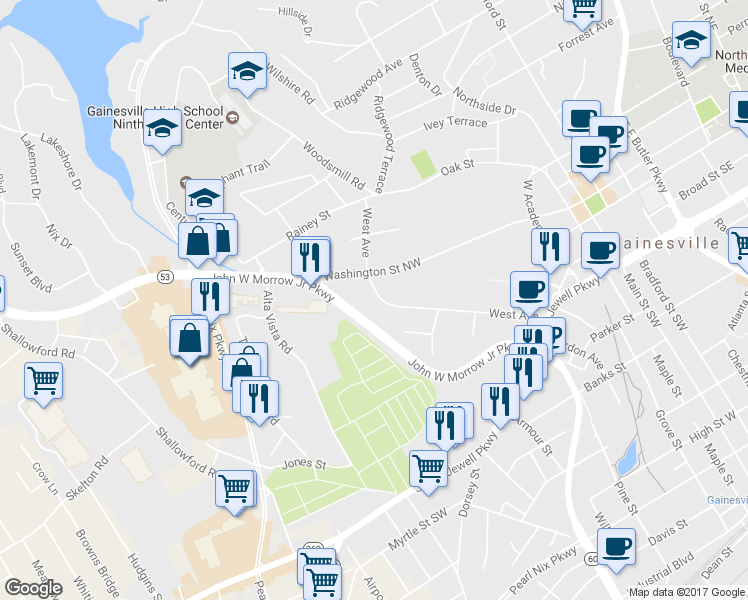 map of restaurants, bars, coffee shops, grocery stores, and more near 815 West Avenue in Gainesville