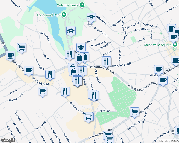 map of restaurants, bars, coffee shops, grocery stores, and more near 130 John W Morrow Junior Parkway in Gainesville