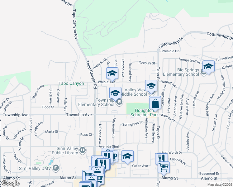 map of restaurants, bars, coffee shops, grocery stores, and more near 3334 Los Nogales Road in Simi Valley