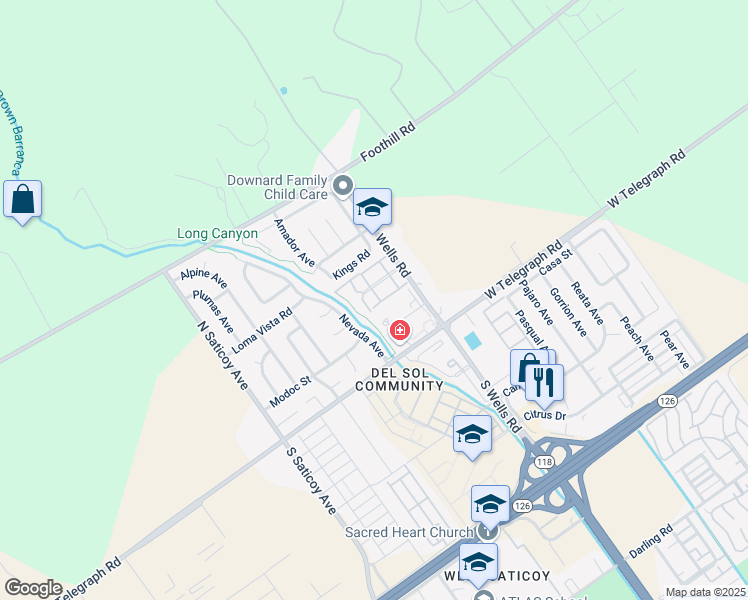 map of restaurants, bars, coffee shops, grocery stores, and more near 13 Del Norte Street in Ventura