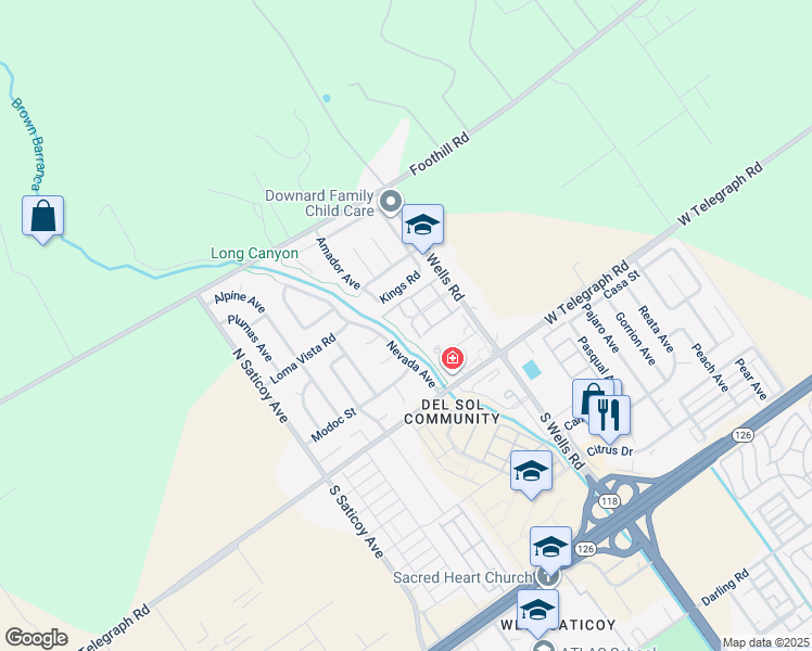 map of restaurants, bars, coffee shops, grocery stores, and more near 13 Del Norte Street in Ventura