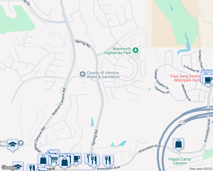 map of restaurants, bars, coffee shops, grocery stores, and more near 13659 Swift Run Street in Moorpark