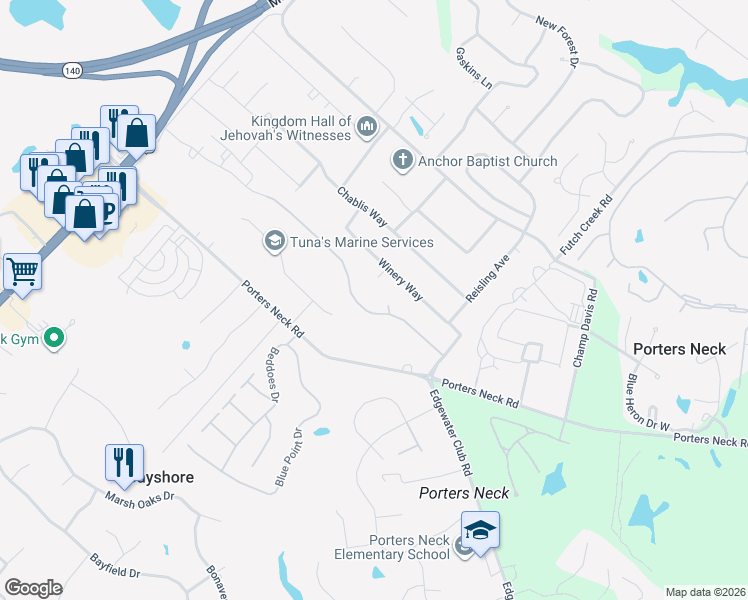 map of restaurants, bars, coffee shops, grocery stores, and more near 8380 Market St in Wilmington