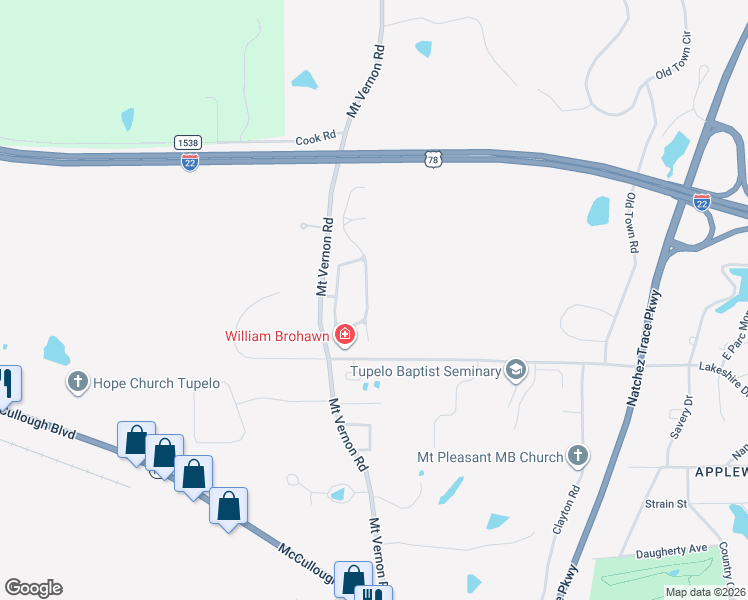 map of restaurants, bars, coffee shops, grocery stores, and more near Plantation Circle in Tupelo