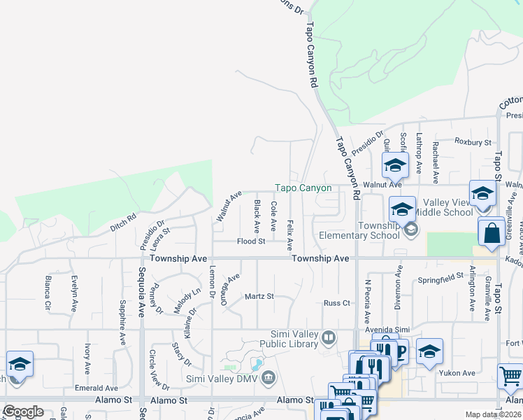 map of restaurants, bars, coffee shops, grocery stores, and more near 3348 Black Avenue in Simi Valley