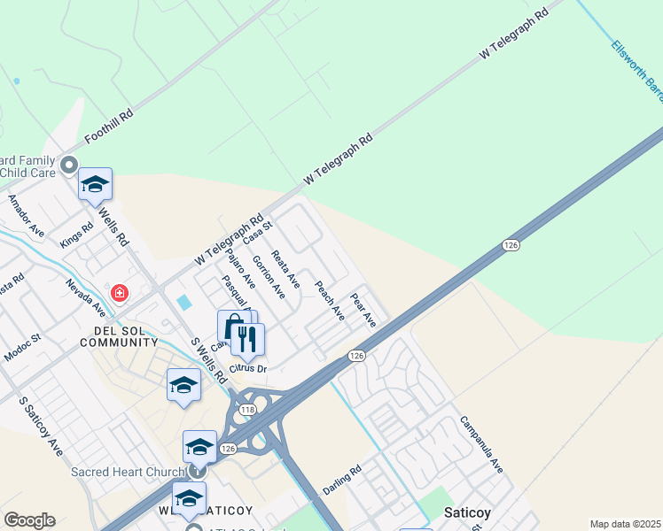 map of restaurants, bars, coffee shops, grocery stores, and more near 287 Apple Avenue in Ventura