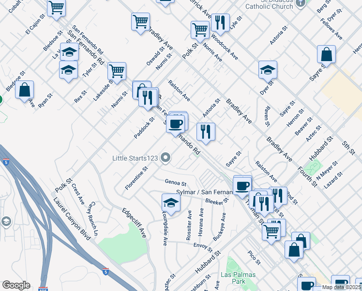 map of restaurants, bars, coffee shops, grocery stores, and more near 14920 Astoria Street in Los Angeles