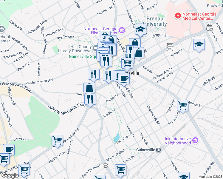 map of restaurants, bars, coffee shops, grocery stores, and more near 402 Maple Street in Gainesville