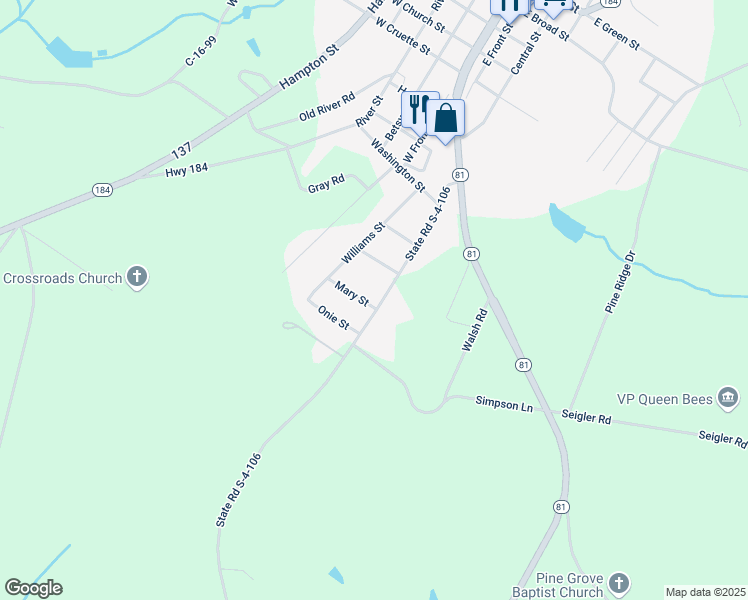 map of restaurants, bars, coffee shops, grocery stores, and more near 100 Mary Street in Iva