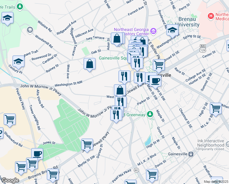 map of restaurants, bars, coffee shops, grocery stores, and more near 319 Rosecliff Terrace in Gainesville