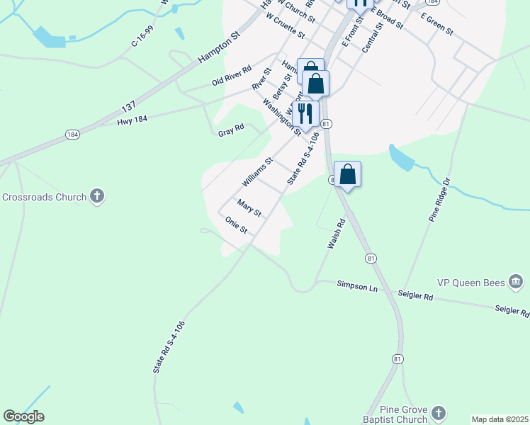 map of restaurants, bars, coffee shops, grocery stores, and more near 100 Mary Street in Iva