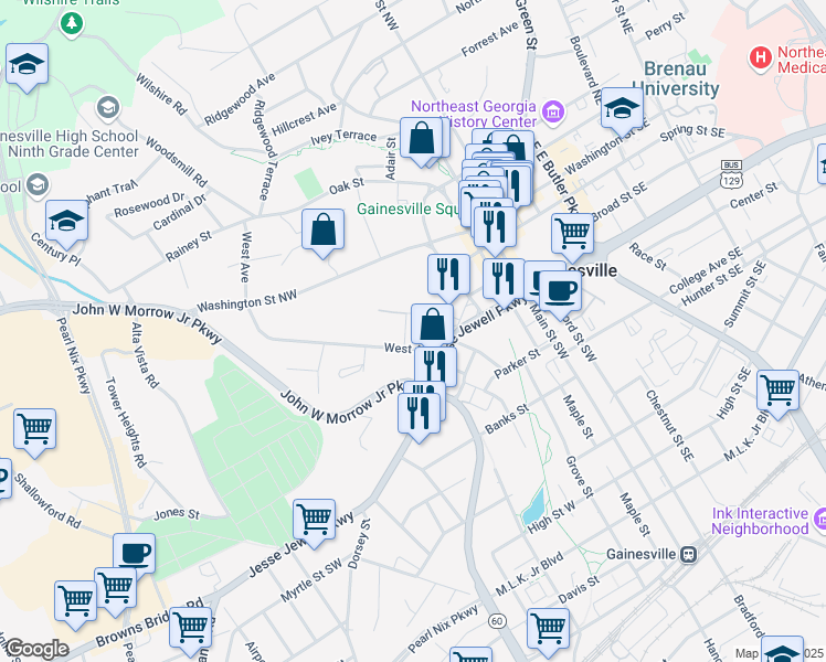 map of restaurants, bars, coffee shops, grocery stores, and more near 319 Rosecliff Terrace in Gainesville