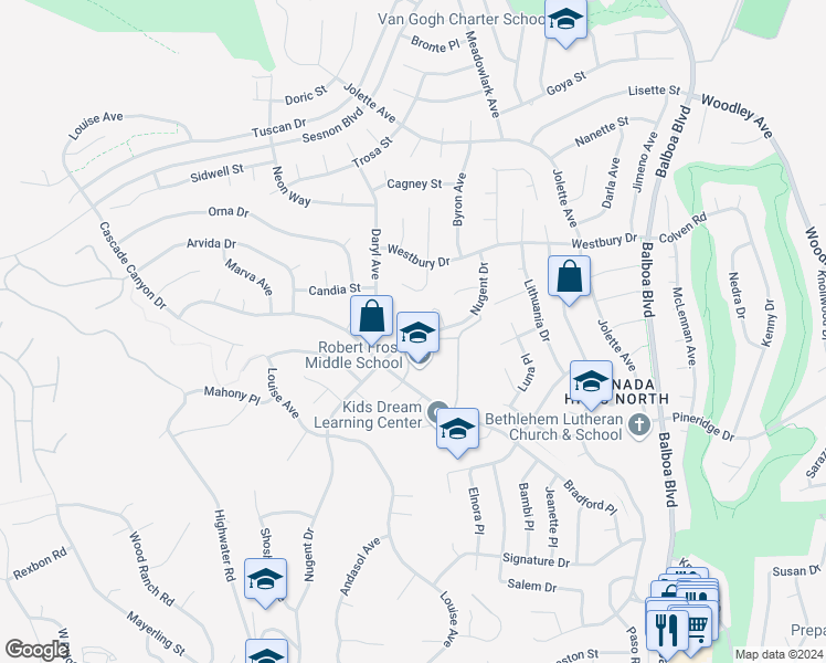 map of restaurants, bars, coffee shops, grocery stores, and more near 17350 Angelaine Way in Los Angeles