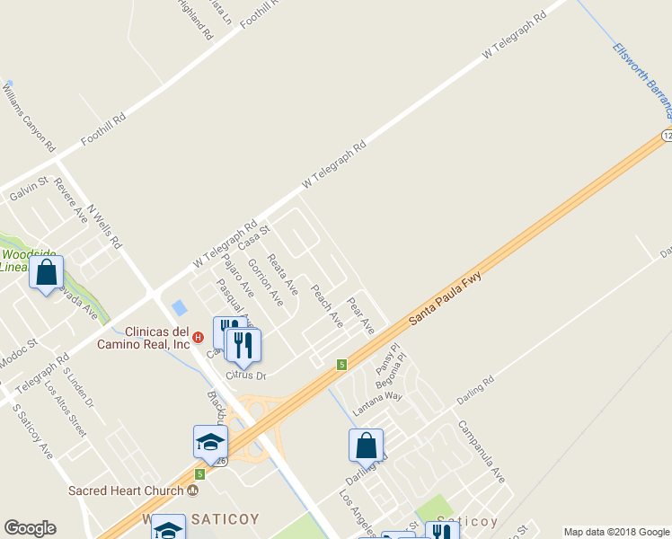 map of restaurants, bars, coffee shops, grocery stores, and more near 287 Apple Avenue in Ventura
