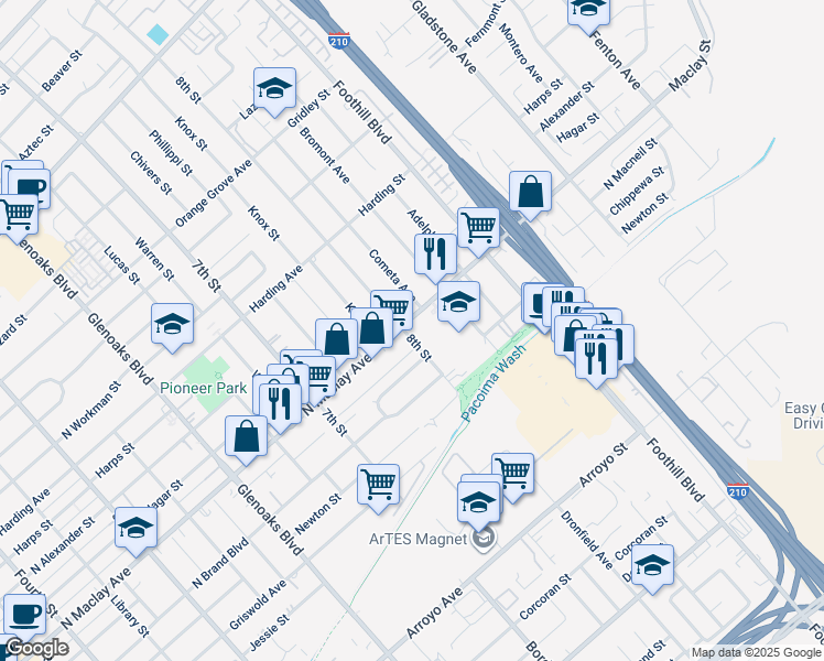 map of restaurants, bars, coffee shops, grocery stores, and more near 1200 North Maclay Avenue in San Fernando